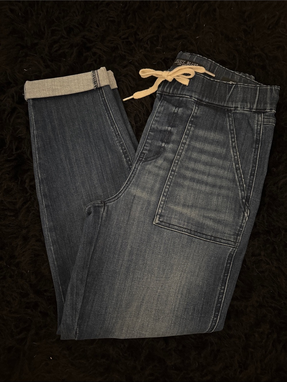 Judy Blue Indigo Wash Pull-On Jogger Jeans with Cream Drawstring